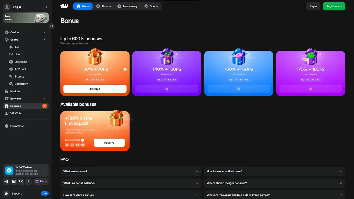 1win bonusu sadaļa līdz 600%