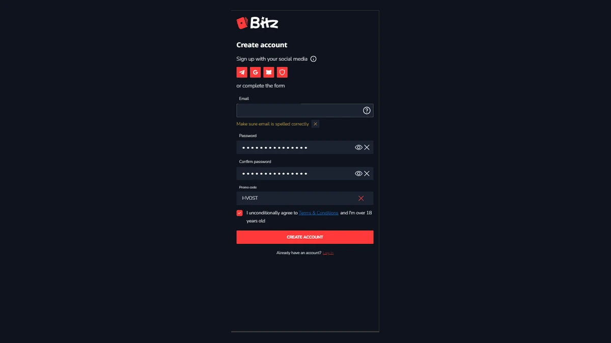 Bitz reģistrācijas forma