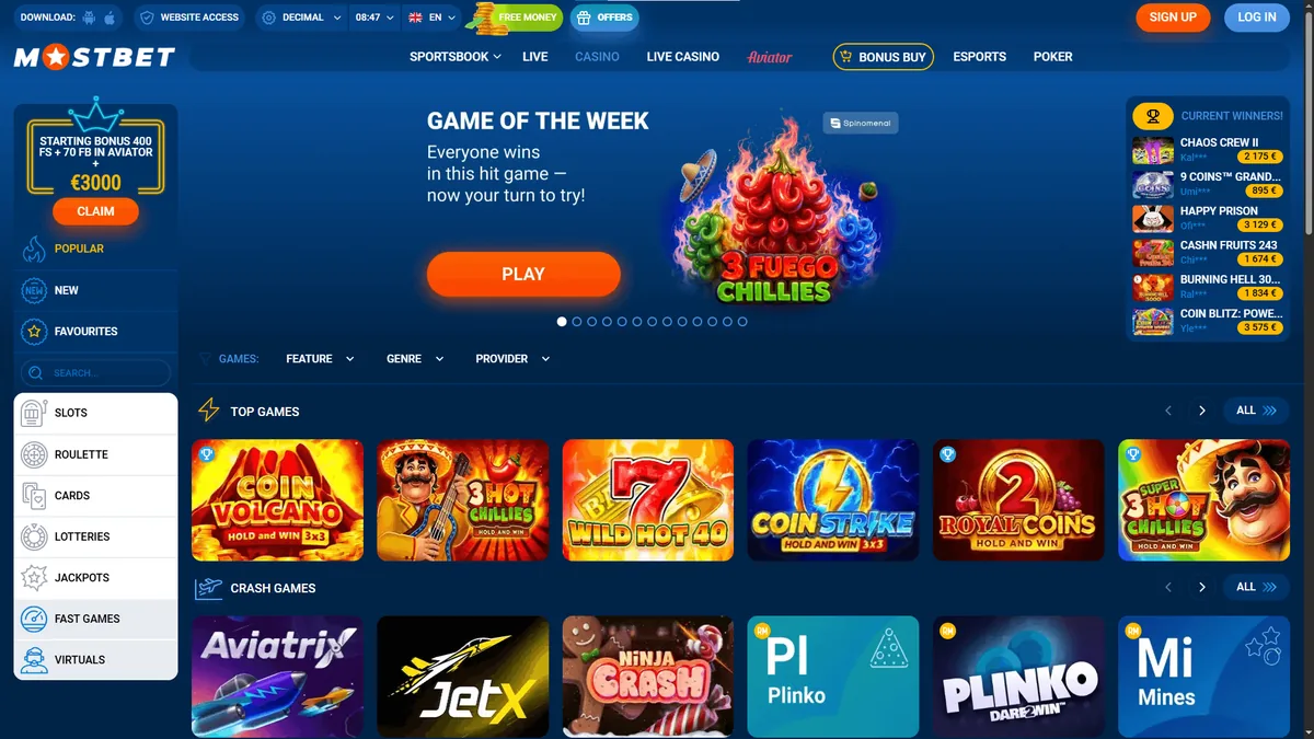 Mostbet kazino un crash spēles