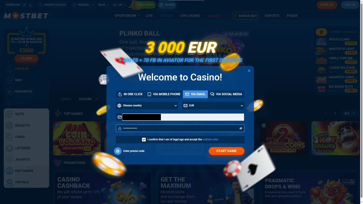 Mostbet reģistrācijas forma